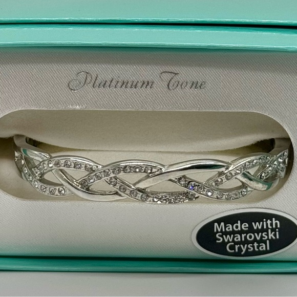 Silver Tone Braided Crystal Hinged Bangle Bracelet Made w Swarovski Crystals - Picture 4 of 12